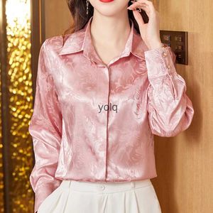 Blusas de mujer Camisas Elegante Primavera Otoño Señora Tops básicos Manga larga Jacquard Mujer Moda Turn Down Collar Buttonyolq