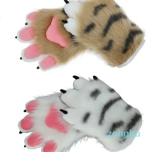 Five Fingers Gloves Women Winter Gloves Cartoon Tiger Paw Shape Warm Thicken Gloves Knit Mittens Furry Cuff for Girlfriend Presents