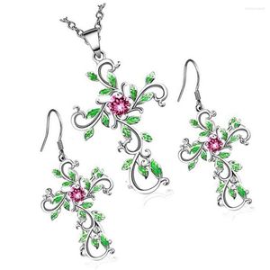 Necklace Earrings Set 3 Pieces Believe In God Jewelry Green Leaf Flowers Rhinestone Ear Dangle Earring Gifts For Wife Mother