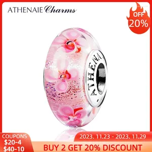 Pedras preciosas soltas ATHENAIE 925 Sterling Silver Core Pink Field Of Flowers Murano Glass Beads Fit Europeu SStyle Mulheres Charme Pulseiras Bangle