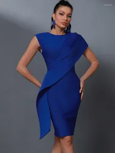 Sıradan elbiseler mavi bandaj elbise kadınlar zarif parti vücutcon fırfır seksi akşam kulübü kıyafetleri yaz 2023