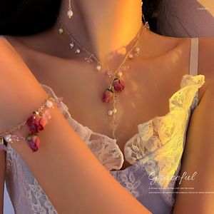 Halsband 1 Stück Mode Blume Perle Armband Halskette Ohrringe Super unsterblich Rose Temperament Sanfte Kragenkette
