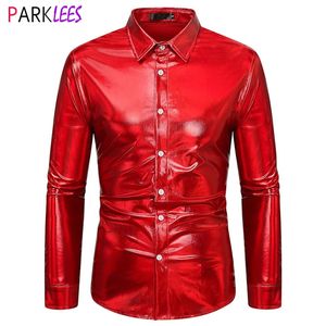 Men's Casual Shirts Mens Red Metallic Disco Shiny Dress Shirts Brand Long Sleeve Nightclub Wear Shirts Dance Stage Prom Party Chemise Homme 231130