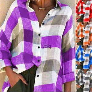 Women's Blouses Shirts Oversized S-5XL Women Loose Plaid Blouse Tops Autumn Turn Down Collar Long Sleeve button JXFS-07yolq