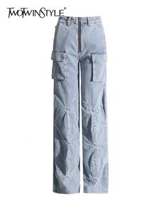 Dżinsy dla kobiet Twotwinstyle Patchwork Pockets Lose Denim Spods for Women Talle Splated Zipper Streetwear Cargo Fashion 231129