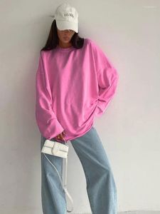 Kvinnors blusar avslappnad höststickande rosa hoodies kvinnor 2023 mode o-hals långärmad lös tops streetwears tröjor solid tunna tröja