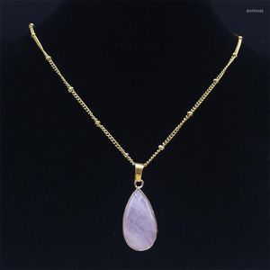 Pendant Necklaces Pink Crystal Healing Energy Dyed Natural Mineral Gem Stone Necklace Stainless Steel Jewelry Gift NG101