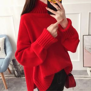 Kadın Sweaters Sonbahar Kış Kadınlar Yüksek boyun örgü kazak kazak kadın gevşek versiyon seti kalın sıcak gömlek uzun kollu üst kırmızı giysiler 231130