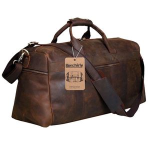 Berchirly Vintage Crazy Horse Genuine Leather men duffle luggage travel Natural Cowhide Large Weekend bag Hangbag LJ2009222860