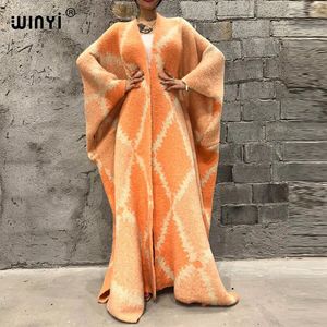 Women's Wool Blends WINYI Winter Women fashion print Luxury Fur Neutral coat Loose Thick comfortable Warm Female over poncho long down jacket 231129