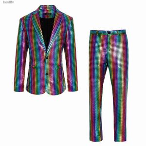 Abiti da uomo Blazer Abiti da uomo Set da 2 pezzi Moda colorata Disco Come Homme Blazer con paillettes e pantaloni Completi da discoteca Prom Party JacketL231130