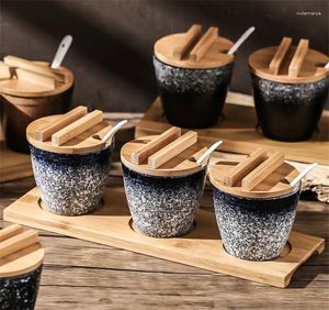 Storage Bottles Ceramic Seasoning Pot Set Spoon Cover Japanese Retro Box Bottle Salt Pepper Oil Jars With Lid