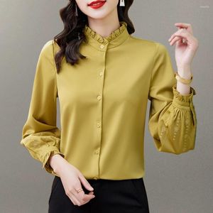 Kvinnors blusar Kvinnor Satin Solid All-Match Workwear Basic French Office Business Clothes Elegant Embroidered Long Sleeve Shirts