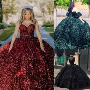 Shimmering Quinceanera Dress Detachable Pouf Sleeve Debutante Ball Mexican Quince Sweet 15/16 Birthday Party Gown for 15th Girl Drama Winter Formal Prom Gala Wine