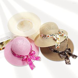 Cappelli a tesa larga Cappello da esterno da donna Berretto Panama Cappellino Sole Poliestere Paglia Bowknot Nastro Madre Protezione da donna