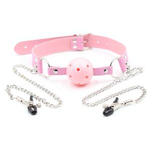 Prodotti per massaggi Schiavo Cosplay BDSM Cinturino bondage in pelle con palla bavaglio per adulti Gioco sexy per capezzoli Morsetto per seno Clip a catena Coppie SM Giocattoli sexy