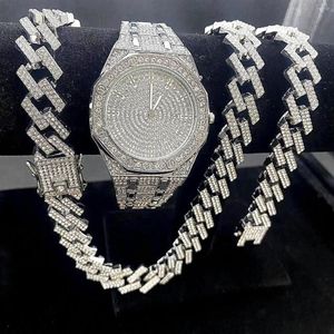 Chains 3PCS Iced Out Watches For Men Gold Watch 15mm Cuban Link Bracelet Necklaces Diamond Hip Hop Jewelry Man Clock267l