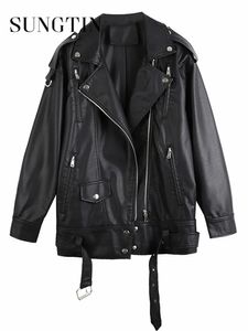 Womens Leather Faux Sungtin Black Pu Jackets Kvinnor med bälte överdimensionerade koreanska lösa motorcykel mode kausala ytterkläder 231129