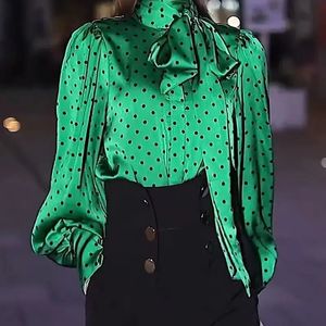 Womens Blouses Shirts Fashion Scarf Collar Lace Up Bow Polka Dot Women Clothing Autumn Winter Office Lady Tops Lantern Sleeve 231129