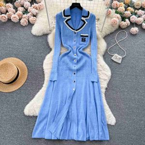 Basic Casual Dresses Elegant V Neck Single Breasted Embroidery Long Sle Knit A-line Dress Slim Fashion Sweater Sexy Women Autumn Winter ClothingL231130