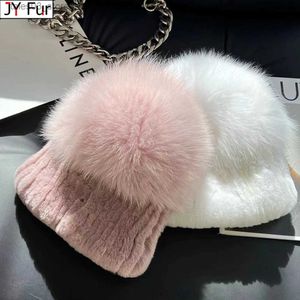 Beanie/Skull Caps Winter New Women Luxury Real Rex Rabbit Fur Hat Knitted Rex Rabbit Fur Hat Top Natural Fox Fur Cap Genuine Fox Fur Beanies Hat Q231130