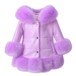 Para baixo casaco meninas inverno casacos de couro crianças gola de pele do falso jaquetas crianças moda com capuz quente outwear princesa espessamento 231130
