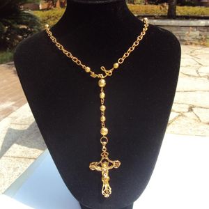 Hänge halsband lojala kvinnor cool fin gul 18 K fast guldfylld helig radband Jesus kors breda pärlor kedja halsband fast ensemble