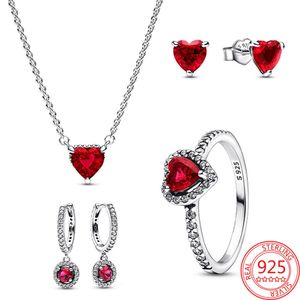 Chokers 925 Sterling Silver Sparkling Heart Halo Pendant Collier Necklace Red Ring Round Hoop Earring Jewelry Set Gift 231130