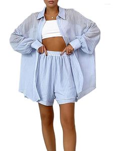 Kvinnors stickor Kvinnor Summer Shorts Outfits Textured Vertical Stripe Turn-Down Collar Long Sleeve Loose Shirts Tops 2 Pieces Clothes Set