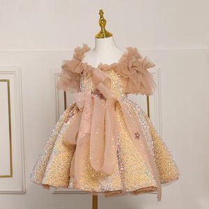 Mädchenkleider Kinder Abendkleid ChicTulle Schulterfrei Gold Pailletten Prinzessin Kinder Mädchen Party Performance Kostüm Ballkleid2023 231130