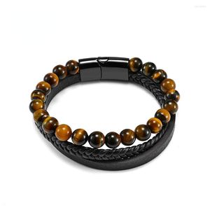 Bangle Natural Stone Bracelets Leather Braided Black Stainless Steel Magnetic Clasp Tiger Eye Bead Men Jewelry