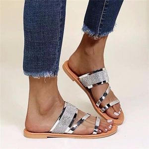 Sandaler Summer Women's Shoes Plus Size 43 Fashion Glossy Rhinestone Slippers Female Outdoor Casual Flat SlipperSSandals