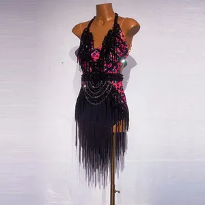 Palco desgaste vestido de dança latina feminino personalizado sexy rosa leopardo padrão borla rumba cha tango crianças adulto