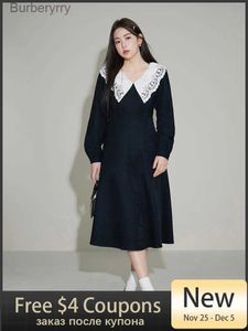 Basic Casual Dresses DUSHU White Cotton Turn-Down Design Women Winter Long Dress Office Lady Black Comter Twill A-LINE Skirt Temperament DressesL231130