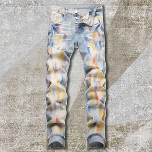 Mäns jeans 2023 America Slim Pencil Pants Men färgfärg sprayande tryckt streetwear stretch denim byxor fit