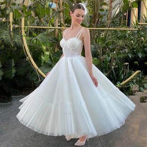 2024 Sexy Kurzes Hochzeitskleid, rückenfrei, Spaghettiträger, Kristall, Tee-Länge, Braut-Partykleid, weicher Tüll, Robe de Mariage für elegant