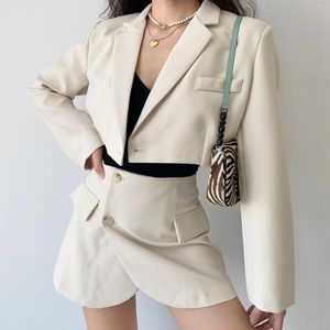 Work Dresses Sexy One Button Short Blazer Women Suit High Waist Irregular Cross Slit Mini Skirt Long Sleeve Cropped Tops Two Piece Set