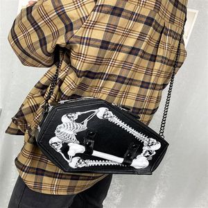 Abendtaschen Mode Schwarz PU Leder Umhängetasche mit Schädel Sarg Schatulle geformte Kupplung Kettenriemen Gothic Geldbörse für Frauen Handb232R