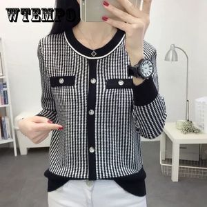 Women's Sweaters Autumn Winter Vintage Houndstooth Loose Casual Sweaters Ladies Buttons All-match Knitted Pullover Tops Women Oversized Jumpers 231127