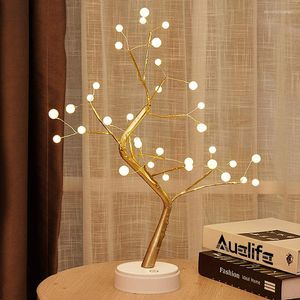 Table Lamps USB Fire Tree Light Copper Wire Lamp LED Pearl Night For Home Bedroom Wedding Party Bar Christmas Corner Decor