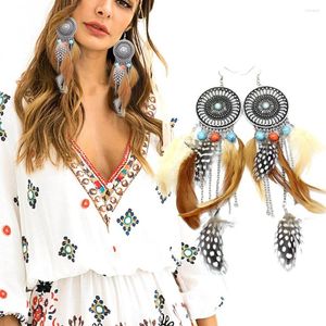 Dangle Küpeler Vintage Dream Catcher Tüy Mercan Türkiye Mavi Taş Boncuk Kadın Mücevherleri için Büyük Uzun Zincir Damla