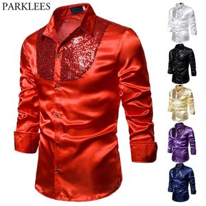 Camicie casual da uomo Camicia di seta rossa con paillettes glitterata Uomo Moda Stage Prom Dance Camicie eleganti da uomo Festa nuziale Sposo Camicia patchwork in raso Uomo 231129