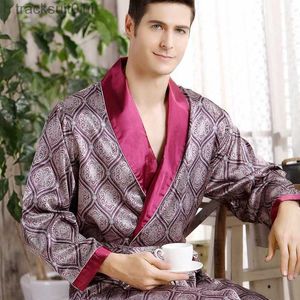 Men's Robes Men Silk long-sled Bathrobe Big Size 5XL kimono Home Bath Gown Printed Geometric Robes V-neck Satin Sleepwear Nightgown L231130
