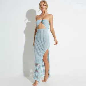 Casual Dresses Summer Beach Dress Pure Color Female Sexig Knitting Hollow Out Bikini Smock Long For Women 2023 Full Bath Exit