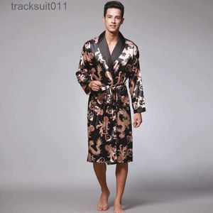 Men's Robes Men Summer Autumn Kimono Bath Robe Silk Satin Golden Dragon Long Bathrobe Plus Size Dressing Gown Knee Length Black Sleepwear L231130