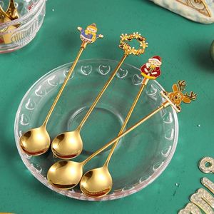 Dinnerware Sets 1PCS Coffee Dessert Spoons Fork Christmas 2024 Year Tableware Set Xmas Gifts Fruit Stirring Spoon Kitchen Accessories