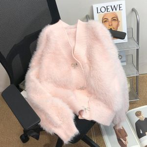 Kvinnors tröja för designerrock mink plysch rosa tröja jacka ny förtjockad lös v-hals stickade kofta kläder