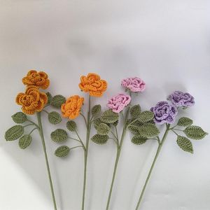 Decorative Flowers Handmade Crochet Knitting Multi-Head Rose Bouquet Milk Cotton DIY Imitation Flower Home Decoration