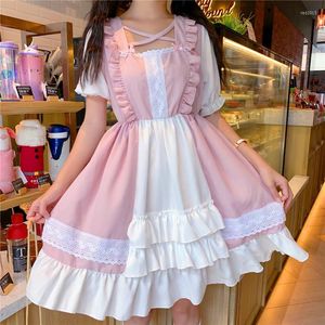 Kostium motywu kawaii lolita sukienka kobiet lato słodki słodki kwadratowy kołnierz krótki sukienki Halloween gotycka japońska dziewczyna vestidos różowy