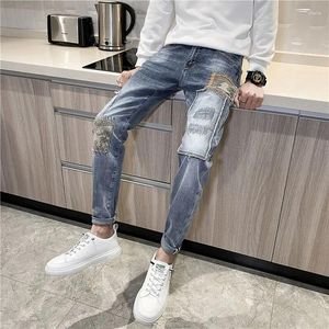 Jeans masculinos retalhos calças cônicas homem reto calças de cowboy luz azul y2k vintage verão roupas casuais 2000s algodão retro